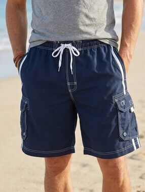 Vintage OP Ocean Pacific Men's Navy Blue Cargo Swim Trunksq